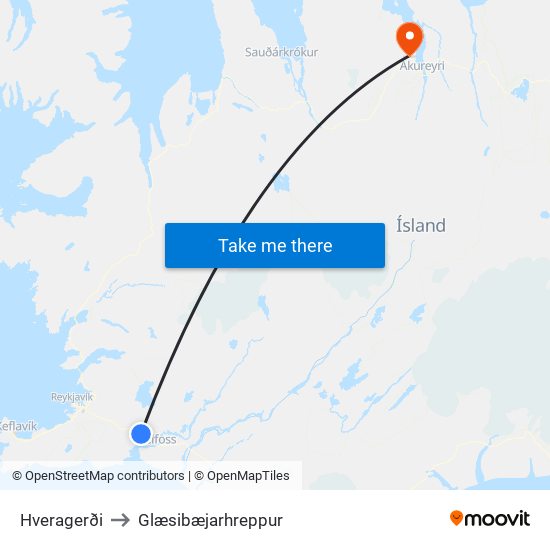 Hveragerði to Glæsibæjarhreppur map