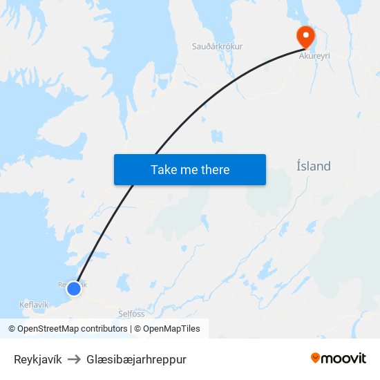 Reykjavík to Glæsibæjarhreppur map