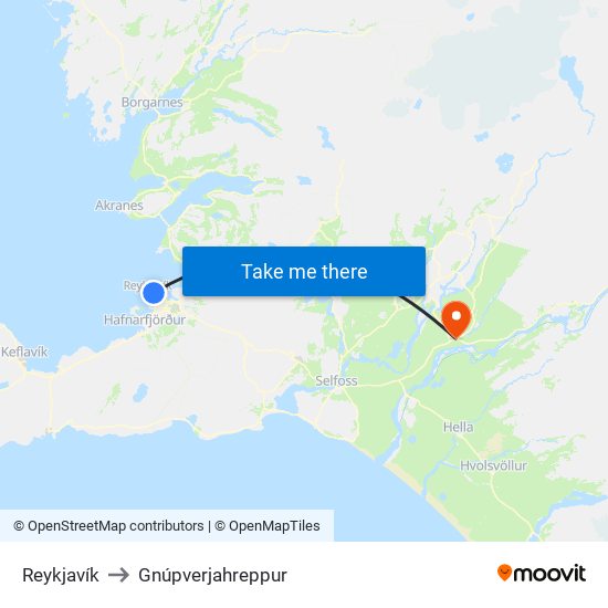 Reykjavík to Gnúpverjahreppur map