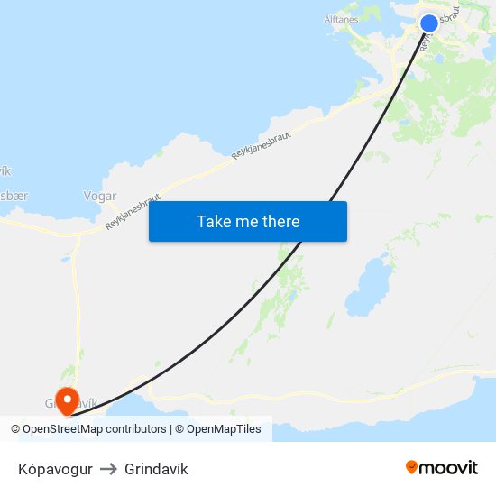 Kópavogur to Grindavík map