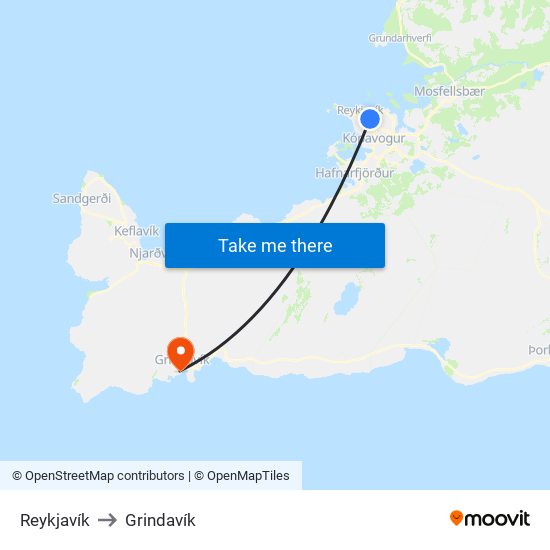 Reykjavík to Grindavík map