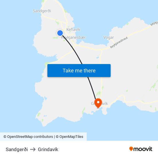 Sandgerði to Grindavík map