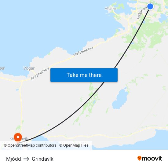 Mjódd to Grindavík map