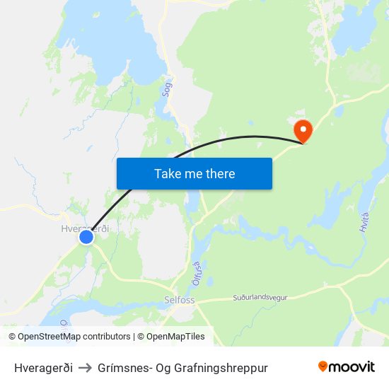 Hveragerði to Grímsnes- Og Grafningshreppur map