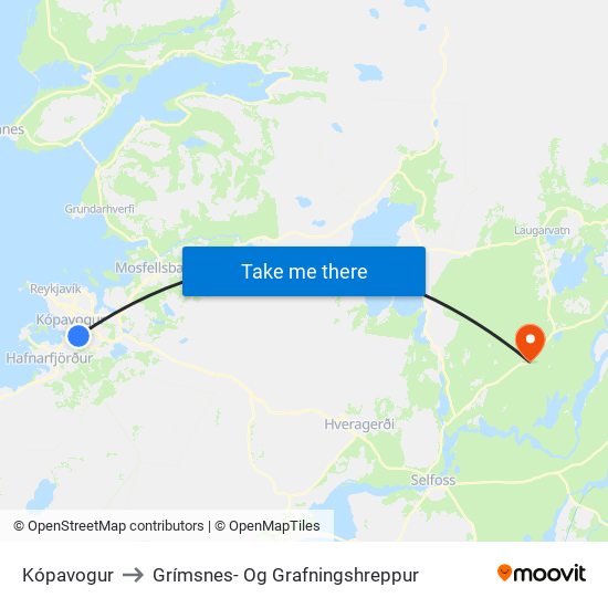 Kópavogur to Grímsnes- Og Grafningshreppur map