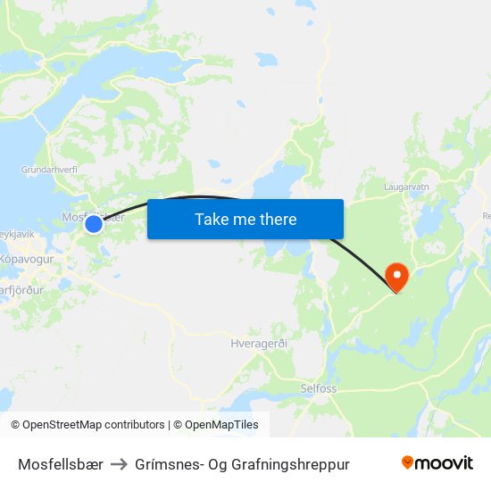 Mosfellsbær to Grímsnes- Og Grafningshreppur map