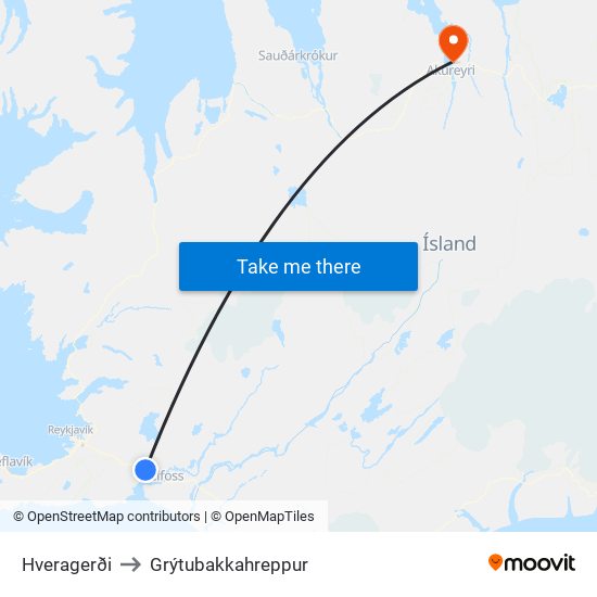 Hveragerði to Grýtubakkahreppur map