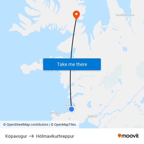 Kópavogur to Hólmavíkurhreppur map