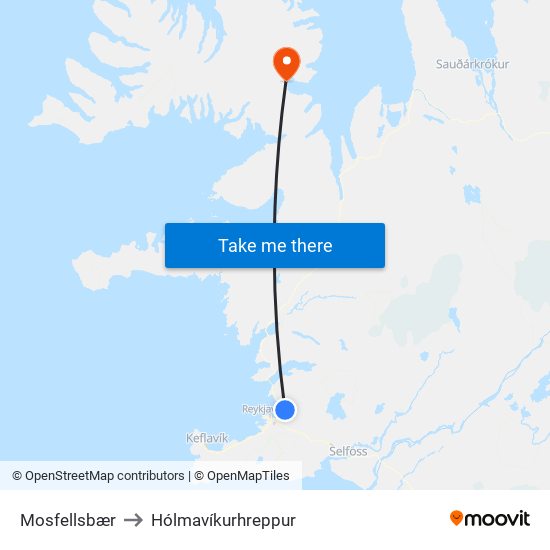 Mosfellsbær to Hólmavíkurhreppur map