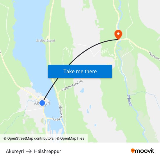 Akureyri to Hálshreppur map