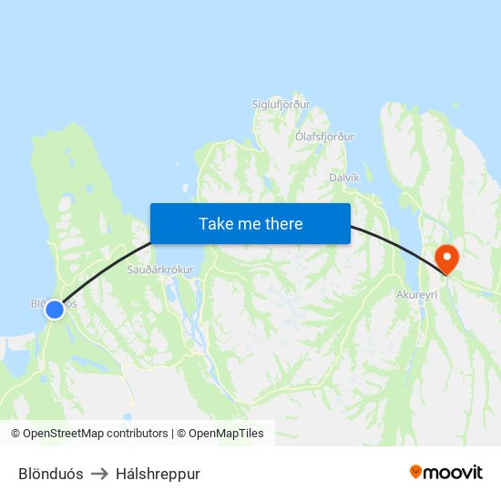 Blönduós to Hálshreppur map