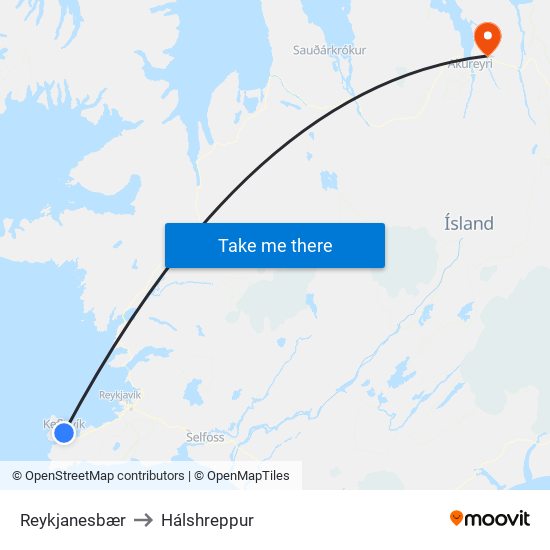 Reykjanesbær to Hálshreppur map