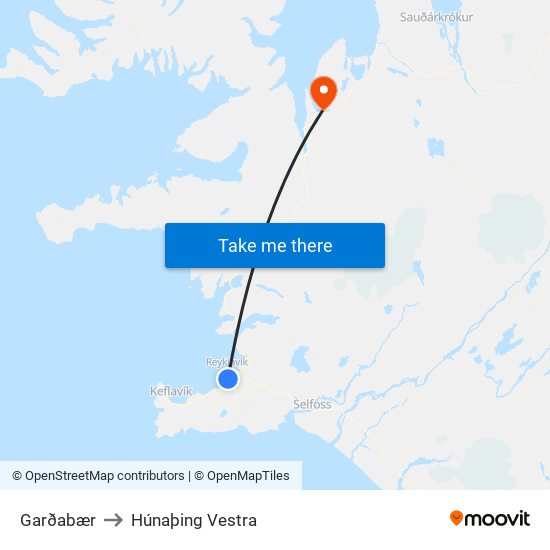 Garðabær to Húnaþing Vestra map