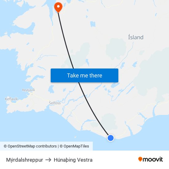 Mýrdalshreppur to Húnaþing Vestra map