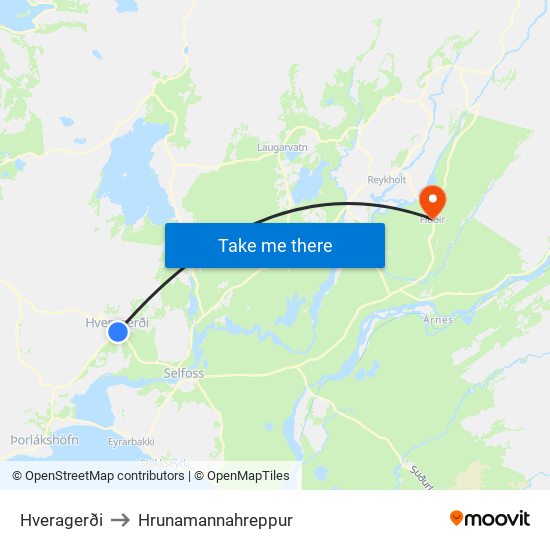 Hveragerði to Hrunamannahreppur map