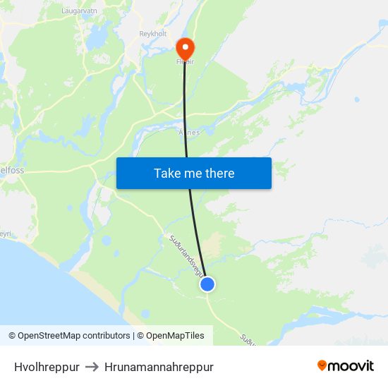 Hvolhreppur to Hrunamannahreppur map