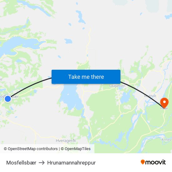 Mosfellsbær to Hrunamannahreppur map