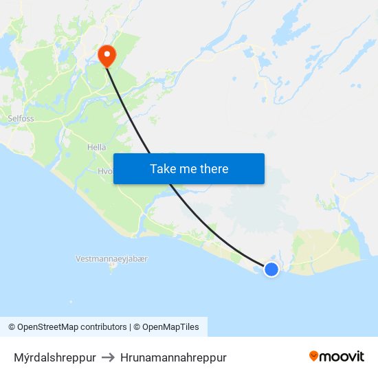 Mýrdalshreppur to Hrunamannahreppur map