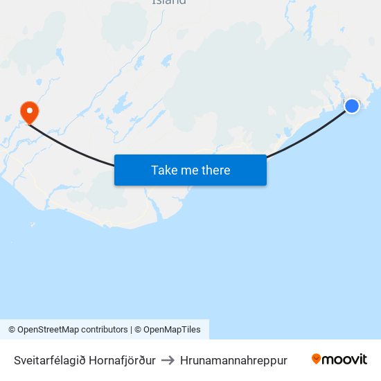 Sveitarfélagið Hornafjörður to Hrunamannahreppur map