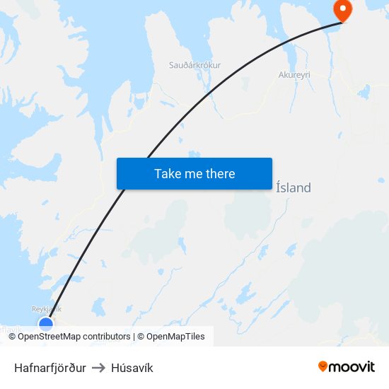 Hafnarfjörður to Húsavík map