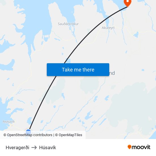 Hveragerði to Húsavík map
