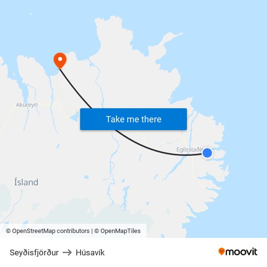 Seyðisfjörður to Húsavík map