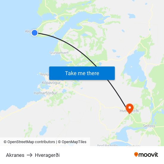 Akranes to Hveragerði map