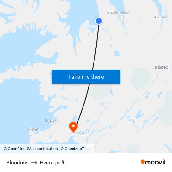 Blönduós to Hveragerði map