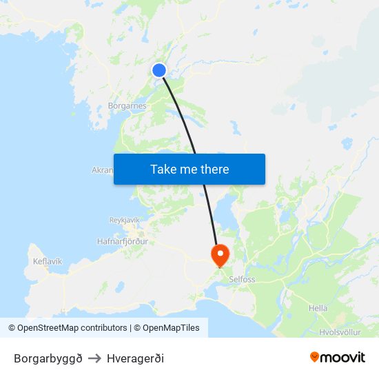 Borgarbyggð to Hveragerði map