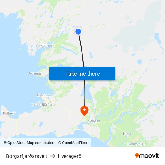 Borgarfjarðarsveit to Hveragerði map