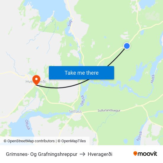 Grímsnes- Og Grafningshreppur to Hveragerði map