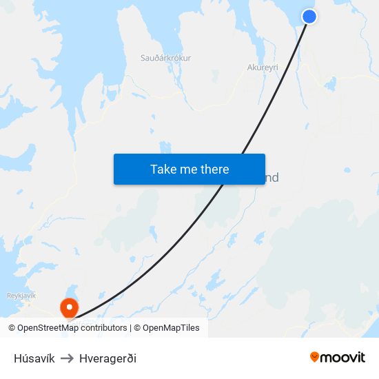 Húsavík to Hveragerði map