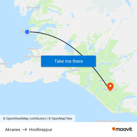 Akranes to Hvolhreppur map