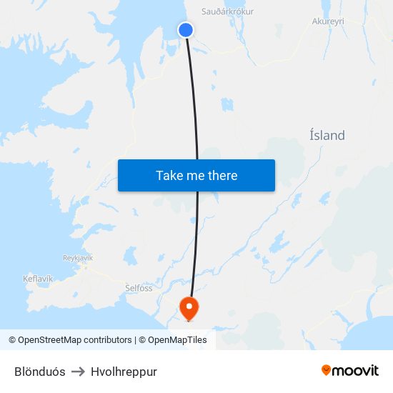 Blönduós to Hvolhreppur map