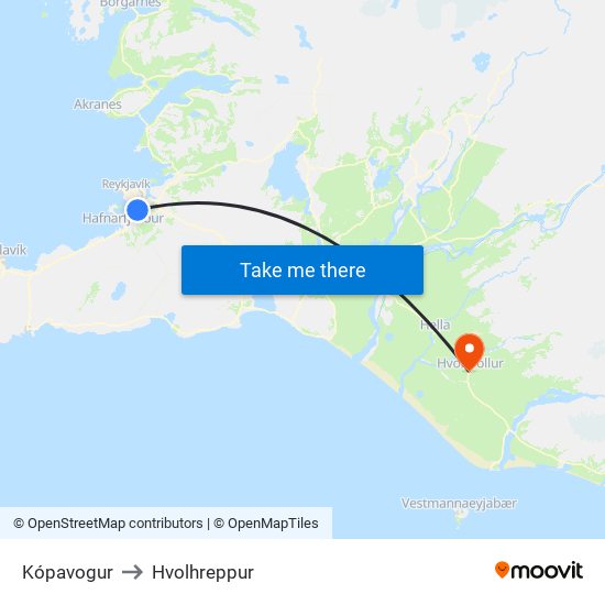 Kópavogur to Hvolhreppur map