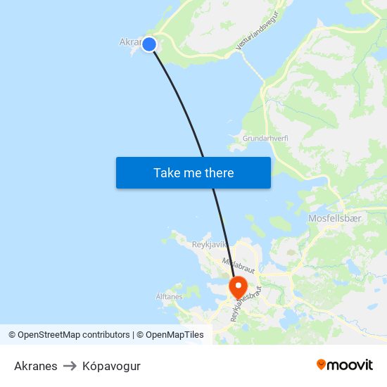 Akranes to Kópavogur map