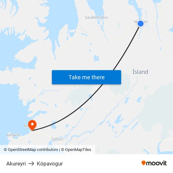 Akureyri to Kópavogur map