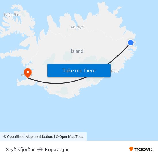 Seyðisfjörður to Kópavogur map