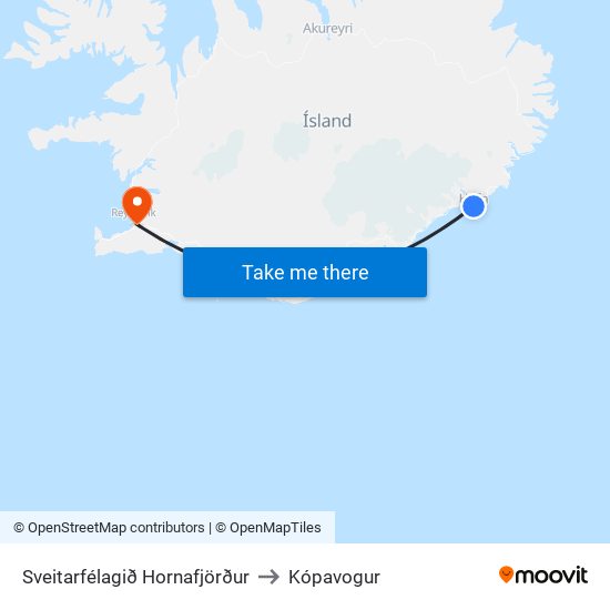 Sveitarfélagið Hornafjörður to Kópavogur map