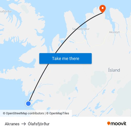 Akranes to Ólafsfjörður map
