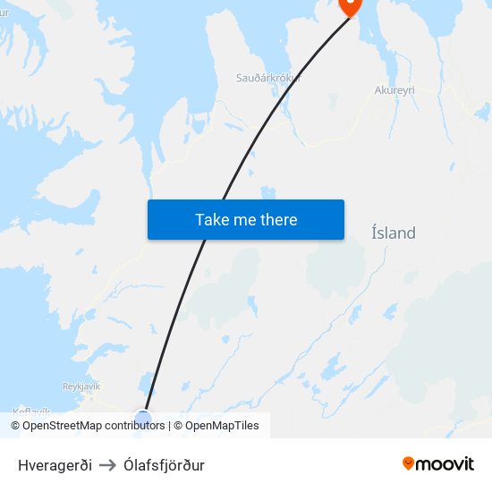 Hveragerði to Ólafsfjörður map