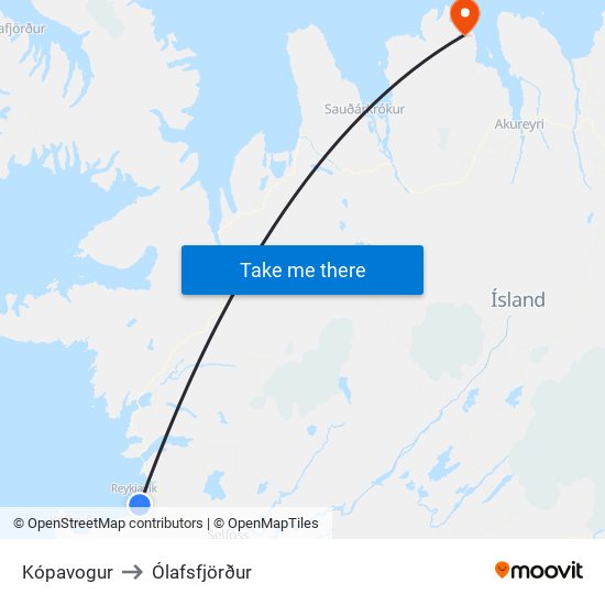 Kópavogur to Ólafsfjörður map