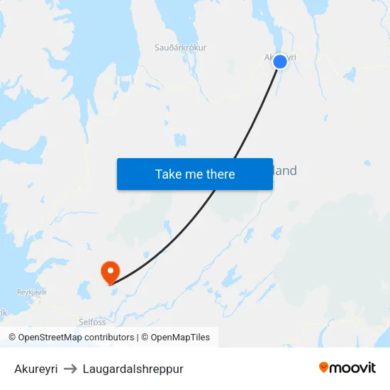 Akureyri to Laugardalshreppur map
