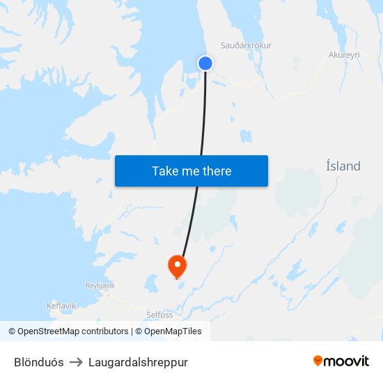 Blönduós to Laugardalshreppur map