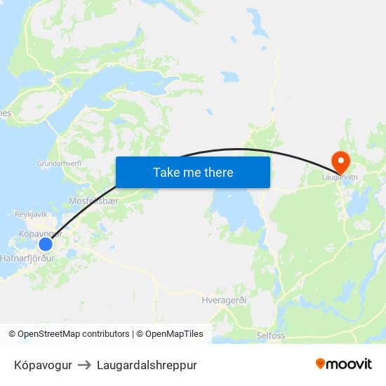 Kópavogur to Laugardalshreppur map
