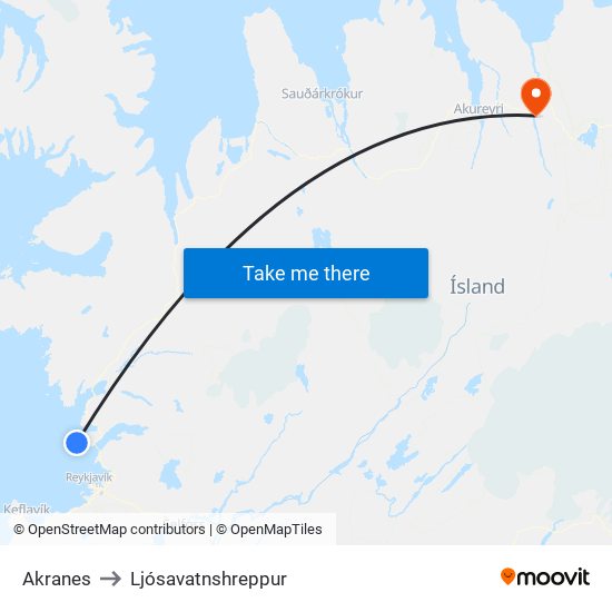 Akranes to Ljósavatnshreppur map