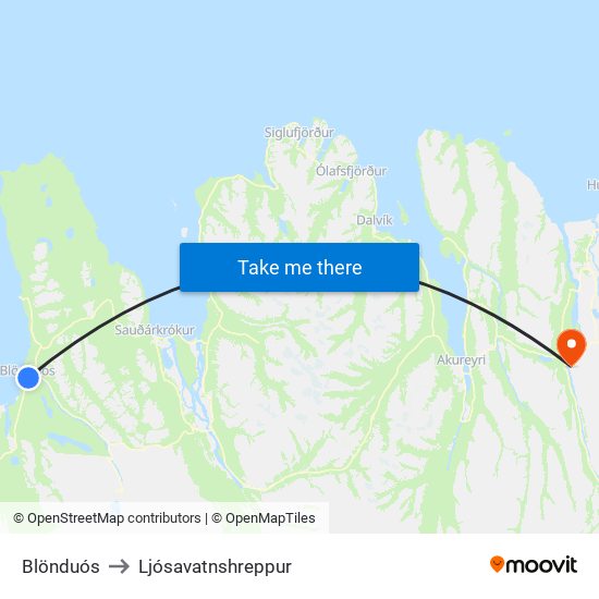 Blönduós to Ljósavatnshreppur map