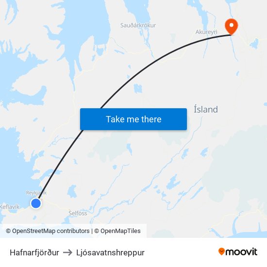 Hafnarfjörður to Ljósavatnshreppur map