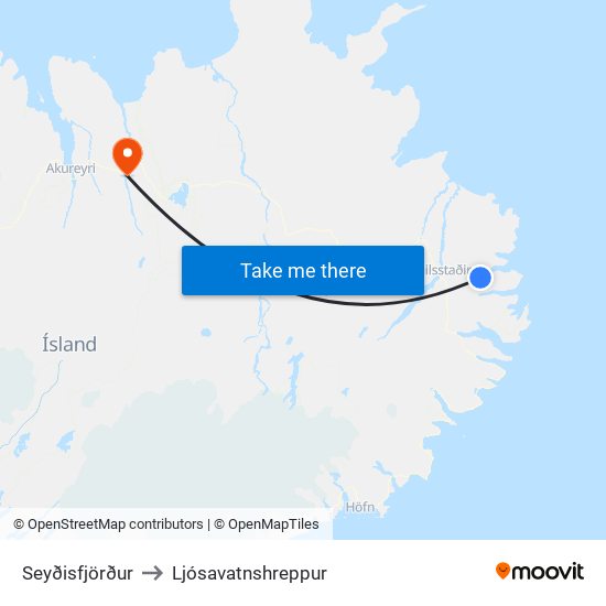 Seyðisfjörður to Ljósavatnshreppur map