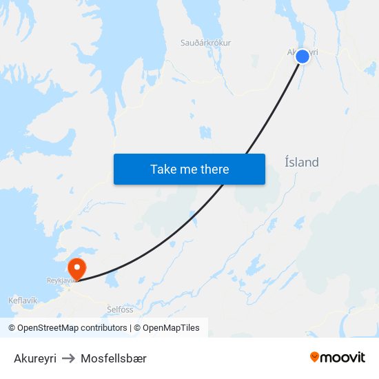 Akureyri to Mosfellsbær map